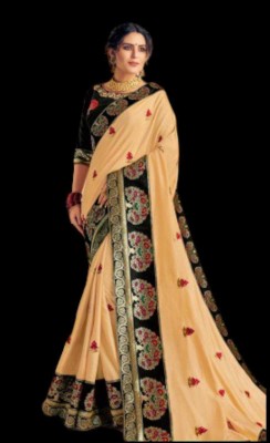 RANI SAHIBA Self Design Bollywood Silk Blend Saree(Cream, Black)
