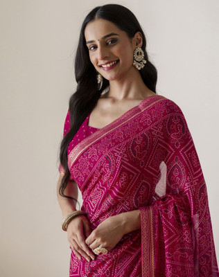 SIRIL Printed Bandhani Chiffon, Georgette Saree(Pink)