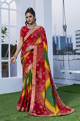 Kanooda Prints Printed Bandhani Georgette Saree(Multicolor)