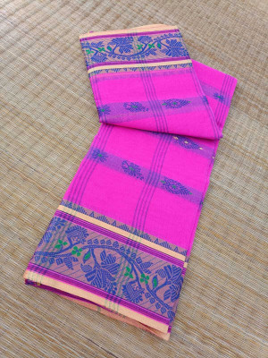 KhayaFashion Woven Tant Pure Cotton Saree(Pink)