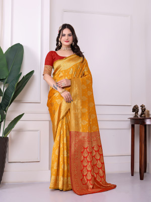 Sasta Bazar Printed Banarasi Silk Blend Saree(Yellow)