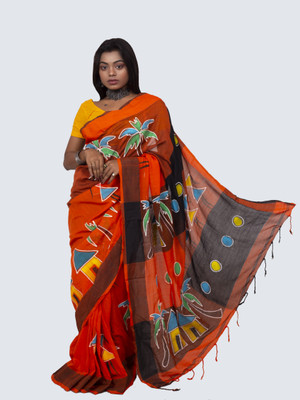 AngaShobha Self Design Daily Wear Cotton Blend Saree(Orange)