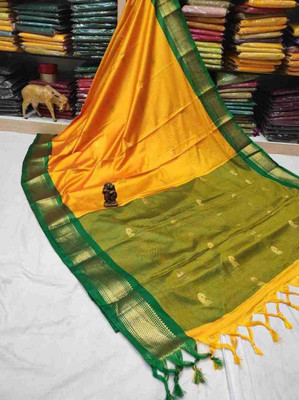 NST5 Woven Kanjivaram Cotton Silk, Organza Saree(Gold, Green)