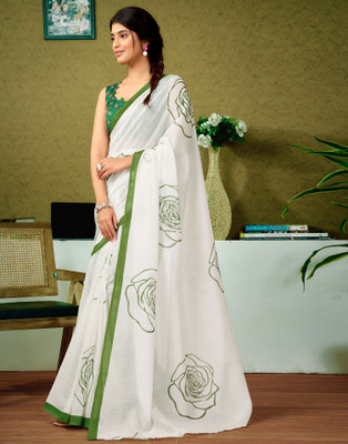 Samah Floral Print, Geometric Print, Printed Sambalpuri Chanderi, Cotton Blend Saree(Green)