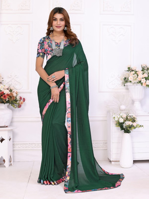 NESHVI ENTERPRISE Solid/Plain Bollywood Polyester Saree(Dark Green)