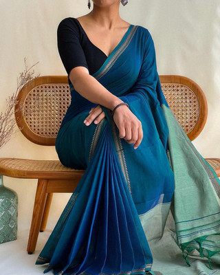 BiswasTextiles Striped Handloom Cotton Blend Saree(Blue)