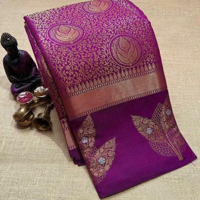 shopzoo trend Self Design, Woven, Embellished, Striped Banarasi Cotton Silk, Jacquard Saree(Purple)