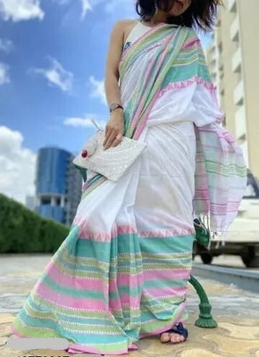 AGAMONI Woven Handloom Pure Cotton Saree(White)