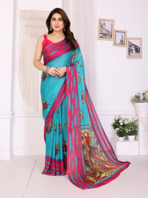 SuperLaxmi Striped Bollywood Chiffon, Georgette Saree(Light Blue)