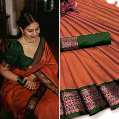 Omsaiarts Woven Kasavu Silk Blend Saree(Orange)