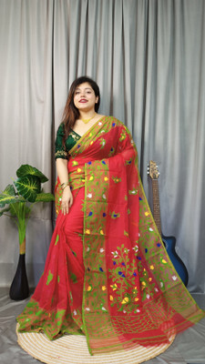 Rnn Saree Embroidered Jamdani Cotton Silk Saree(Red, Green)