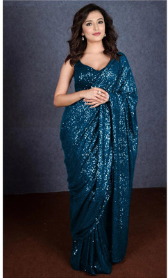 balaji textiles Embroidered, Embellished Bollywood Georgette Saree(Light Blue)