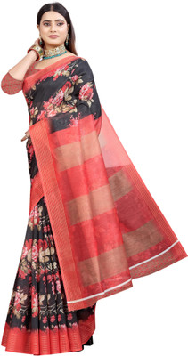 HangerStories Printed Kanjivaram Pure Cotton, Chanderi Saree(Black, Red)
