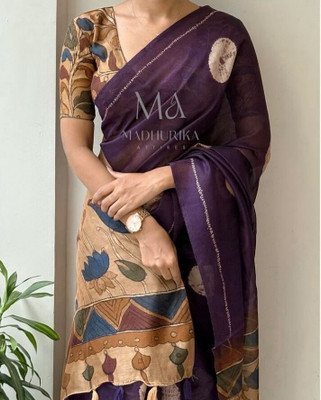 Aquiliq Printed Bollywood Linen, Cotton Blend Saree(Cream)