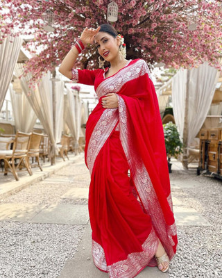 ANUVRATA Self Design, Woven Banarasi Jacquard Saree(Red, Silver)