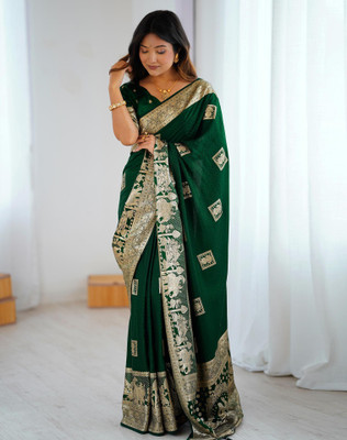 Tasrika Woven Banarasi Jacquard, Pure Silk Saree(Green)