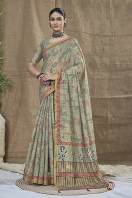 SHRIMAY Checkered Daily Wear Cotton Linen Saree(Green)