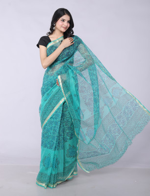 RAJGLOBAL Printed Kota Doria Cotton Blend Saree(Green)