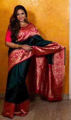 Rudr Venture Self Design Banarasi Cotton Silk Saree(Dark Green)