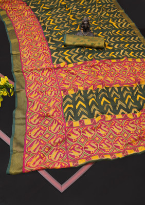 Hensi sarees shop Self Design Pochampally Chiffon, Brasso Saree(Dark Green)