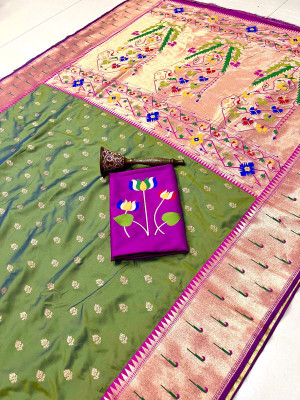 HouseOfCommon Woven Paithani Cotton Silk Saree(Light Green)