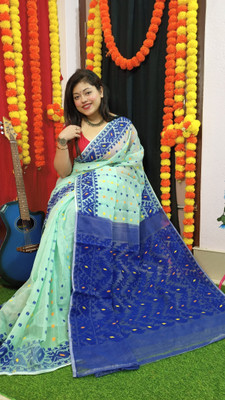 Revival Woven Jamdani Cotton Blend Saree(Light Blue, Blue)