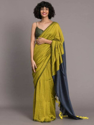 DHRITI Solid/Plain Handloom Cotton Blend Saree(Yellow)