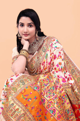 Wovenza Self Design, Woven Bollywood Cotton Blend, Semi-Pashmina Saree(Cream)