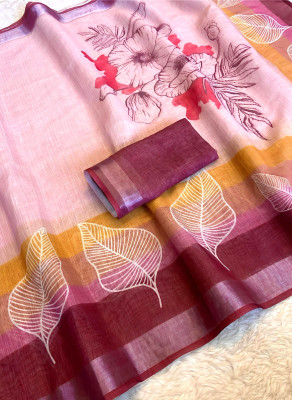 Sniccs Trend Floral Print, Printed, Striped Daily Wear Linen Saree(Pink)