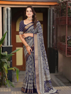 HouseOfCommon Printed Bandhani Art Silk Saree(Blue)