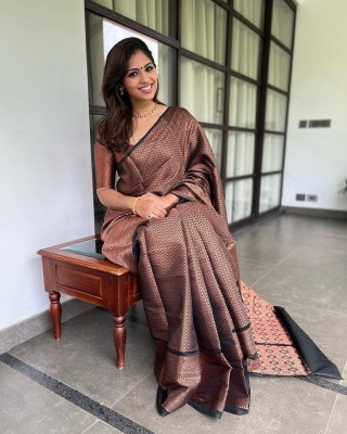 chiragshop Woven Kanjivaram Jacquard, Pure Silk Saree(Brown)