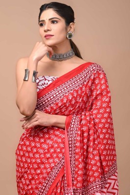 Handprinted Printed Daily Wear Cotton Blend Saree(Red)