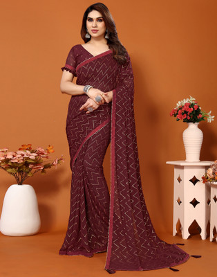 Divastri Geometric Print, Embellished, Printed Bollywood Georgette Saree(Maroon)