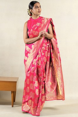 SUBHAM Woven, Embellished Banarasi Silk Blend Saree(Pink, Gold)