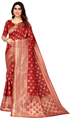 Dharmik Fashion Studio Printed, Digital Print, Striped, Self Design, Embroidered Bollywood Net Saree(Red)