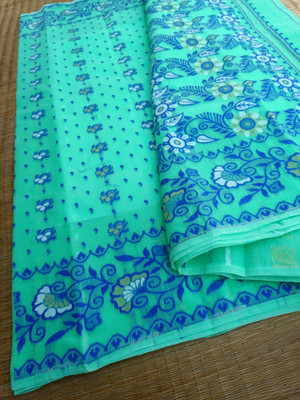KhayaFashion Woven Tant Pure Cotton Saree(Light Blue)