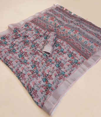 Mugdarra Geometric Print Bollywood Linen Saree(Multicolor)