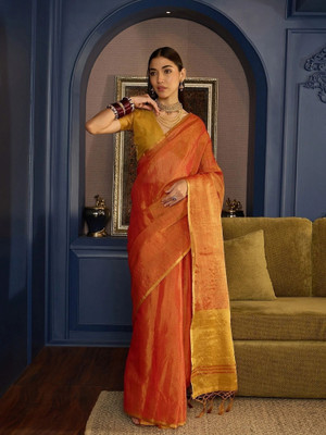 Urbanari Woven, Self Design Banarasi Tissue, Silk Blend Saree(Pink)