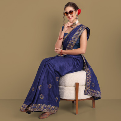 ONTIC Embroidered Banarasi Jacquard Saree(Blue)