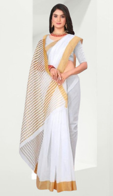 SHRISAREEESa Striped Bollywood Pure Cotton Saree(White)
