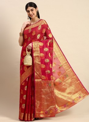 Divastri Floral Print Kanjivaram Organza Saree(Red)