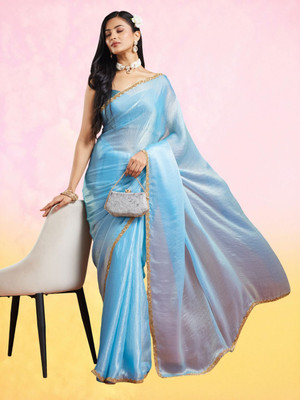 Croza Solid/Plain Chanderi Chiffon, Tussar Silk Saree(Light Blue)