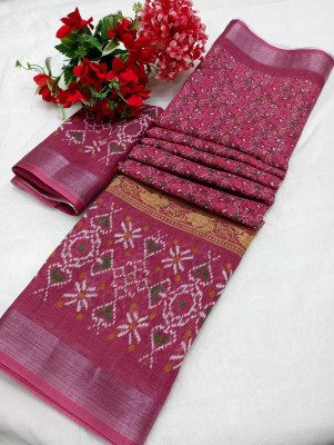 HouseOfCommon Printed Kanjivaram Linen, Cotton Linen Saree(Maroon)
