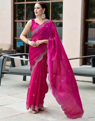 Satrani Embroidered, Embellished Bollywood Tissue Saree(Pink)