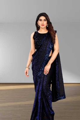 SHRIMAY Self Design Bollywood Net Saree(Blue)