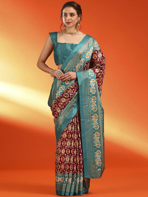 Anouk Rustic Printed Pochampally Silk Blend Saree(Maroon)