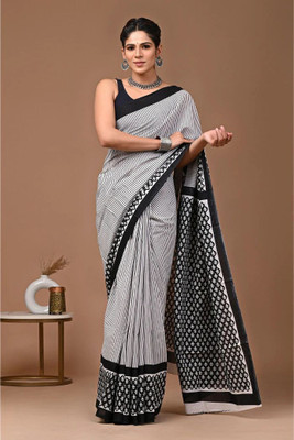 Tetarwal Printed Daily Wear Pure Cotton Saree(White, Black)