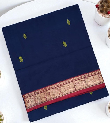 Nethra Floral Print Chettinadu Pure Cotton Saree(Dark Blue)