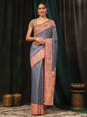 SILK ZONE Digital Print Chanderi Cotton Blend Saree(Grey)