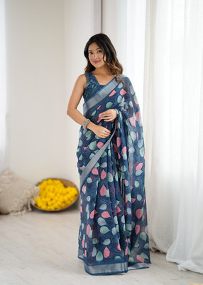 LeeliPeeri Designer Floral Print Daily Wear Linen Saree(Blue)